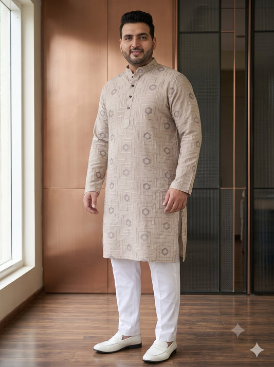 KPD4088 Light Khaki Threadwork Plus Size Kurta Pyjama Set