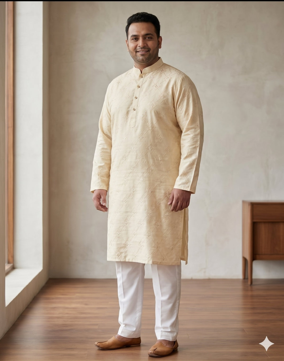 KPD4102 Plus Size Cream Sequins & Thread Work Kurta Pyjama Set