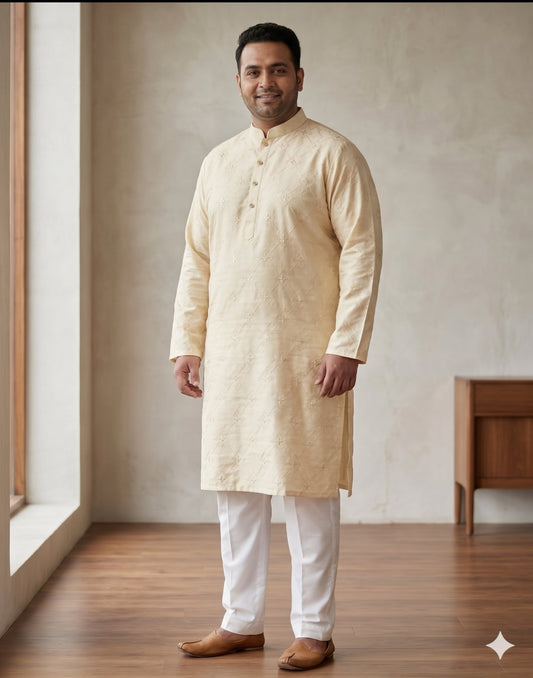 KPD4102 Plus Size Cream Sequins & Thread Work Kurta Pyjama Set