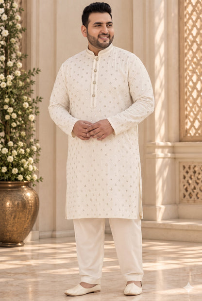 KPD4132 Plus Size Cream gold sequins work kurta with White Pyjama