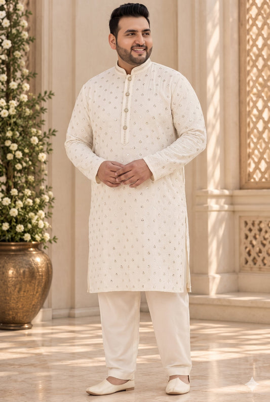 KPD4132 Plus Size Cream gold sequins work kurta with White Pyjama