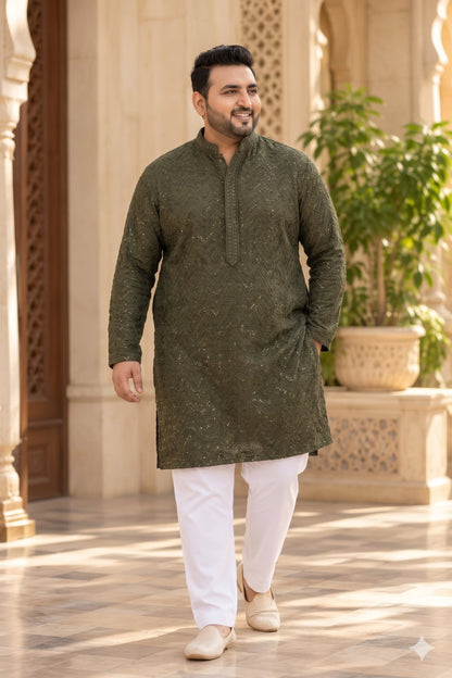 KPD4137 Plus Size Olive Green Heavy Thread & Sequin Work Kurta with Lining & White Pant Set