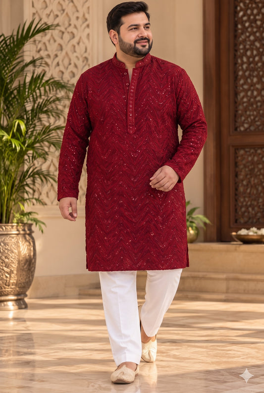 KPD4138 Plus Size Maroon Red Heavy Thread & Sequin Work Rayon Kurta with Lining & White Pant Set
