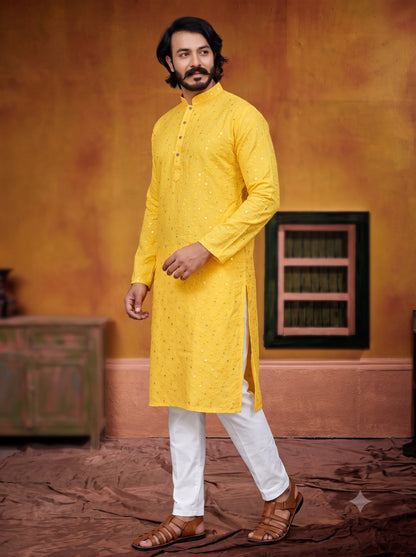 KPD6041 Yellow Mirror Work Kurta Pyjama