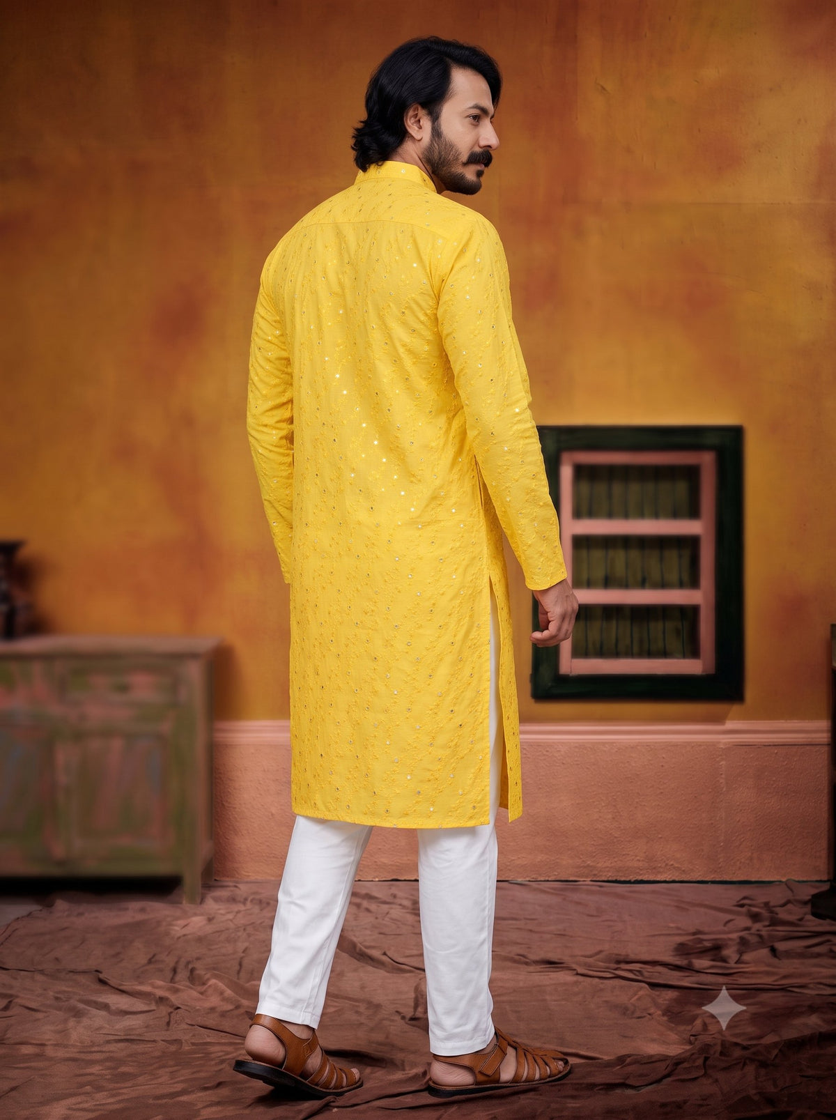 KPD6041 Yellow Mirror Work Kurta Pyjama