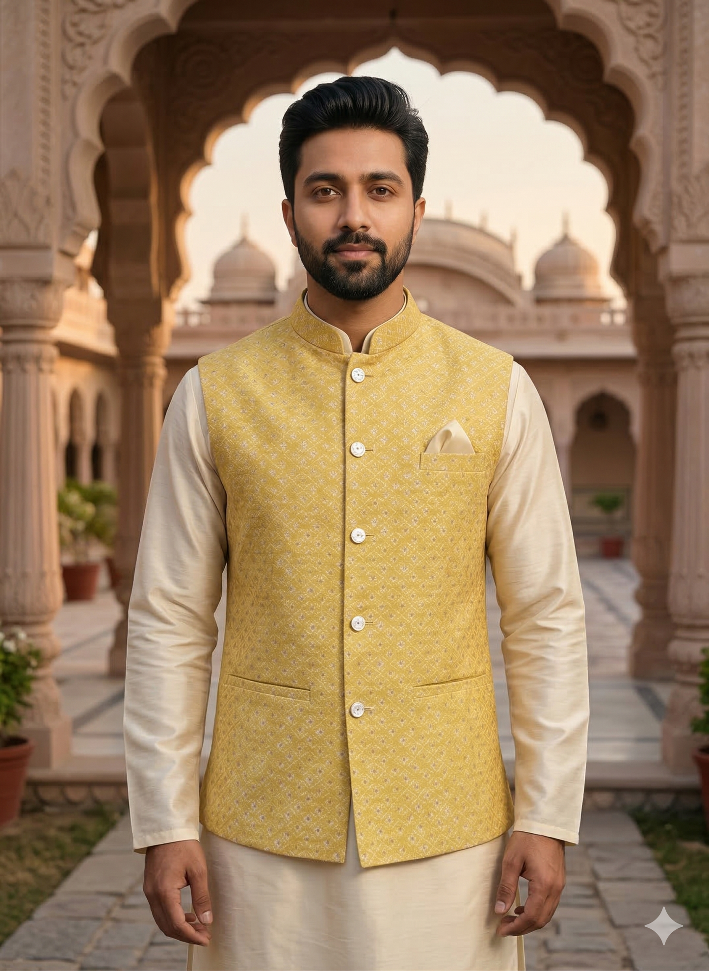 KPD6200 Cream Kurta Pyjama and Yellow Jacquard Nehru Jacket Set