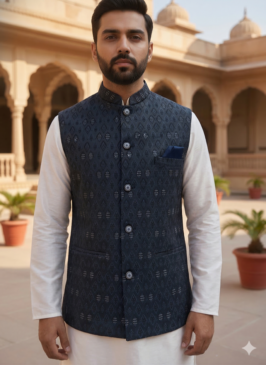 KPD6201 White Kurta Pyjama and Blue Jacquard Nehru Jacket Set