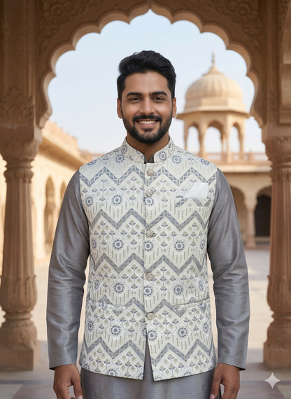 KPD6202 Grey Kurta Pyjama and Heavy Sequence and Thread Work Nehru Jacket