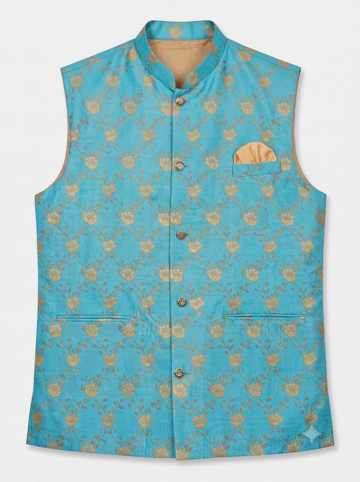 KPJ7026 Designer Cyan Floral Jacket (Koti) and Pocket Square