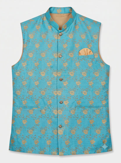 KPJ7026 Designer Cyan Floral Jacket (Koti) and Pocket Square