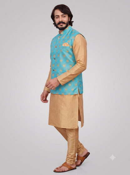 KPJ7026 Designer Cyan Floral Jacket (Koti) and Pocket Square