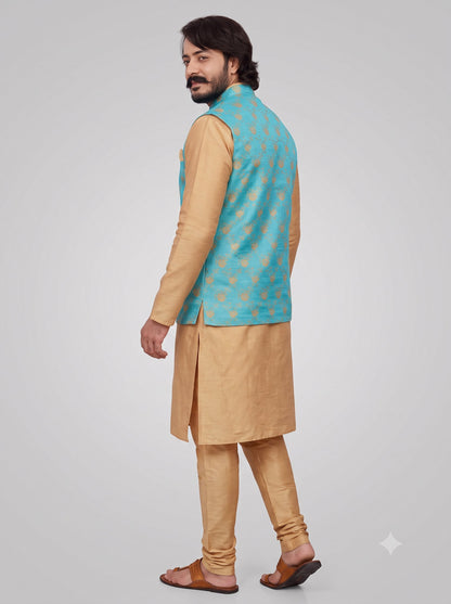 KPJ7026 Designer Cyan Floral Jacket (Koti) and Pocket Square