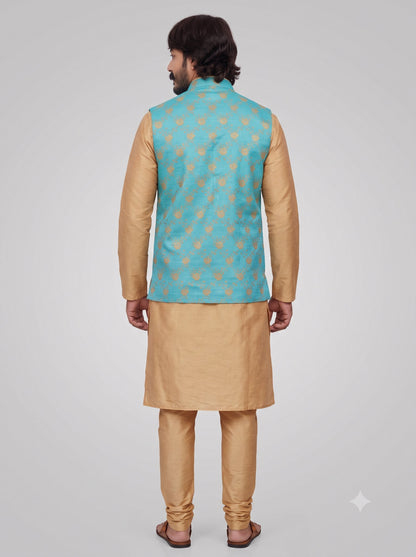 KPJ7026 Designer Cyan Floral Jacket (Koti) and Pocket Square