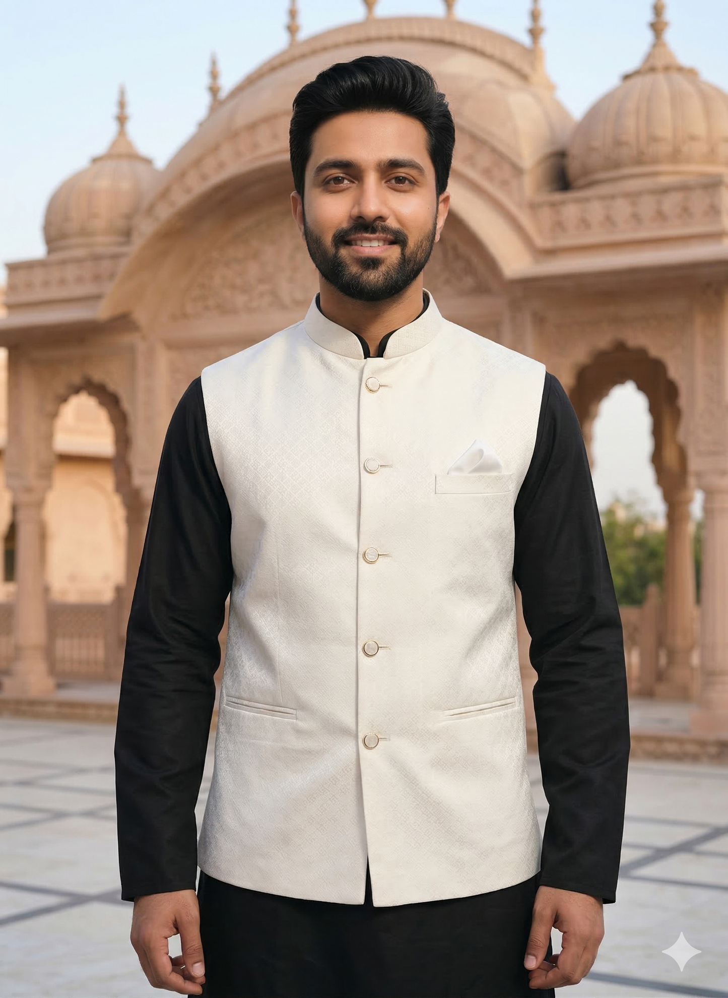 KPD6197 Black Kurta Pyjama and Ivory Cream Nehru Jacket Set