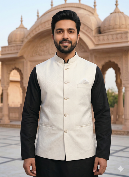 KPD6197 Black Kurta Pyjama and Ivory Cream Nehru Jacket Set