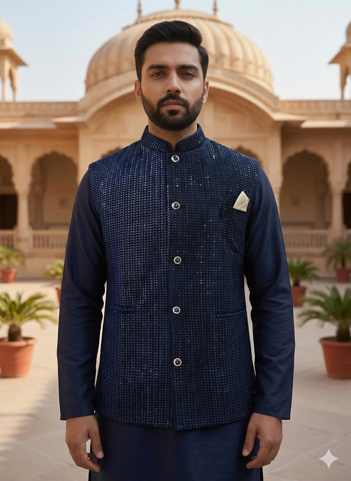 KPD6198 Dark Blue Kurta Pyjama and Velvet Blue Nehru Jacket Set