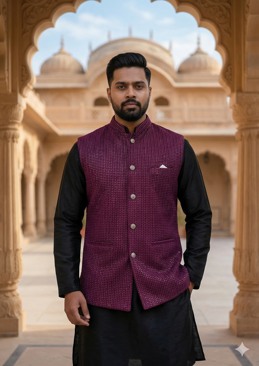 KPD5211 Red Kurta Pyjama and Plum Wine Nehru Jacket