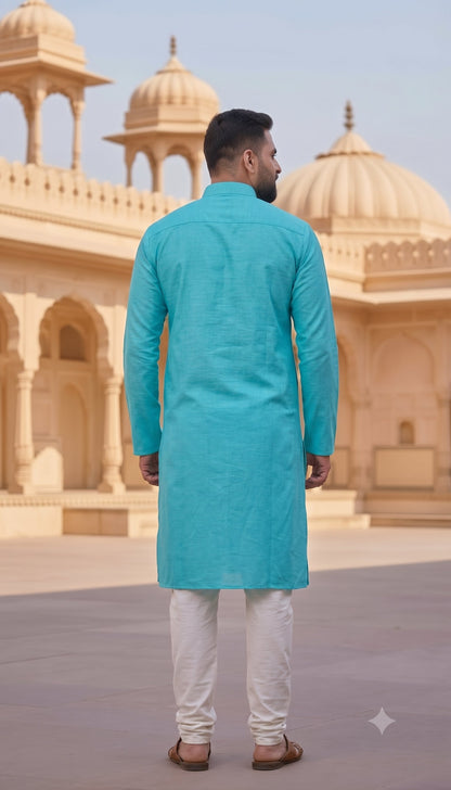 KPK7007 Cyan Blue kurta With White Pyjama Set