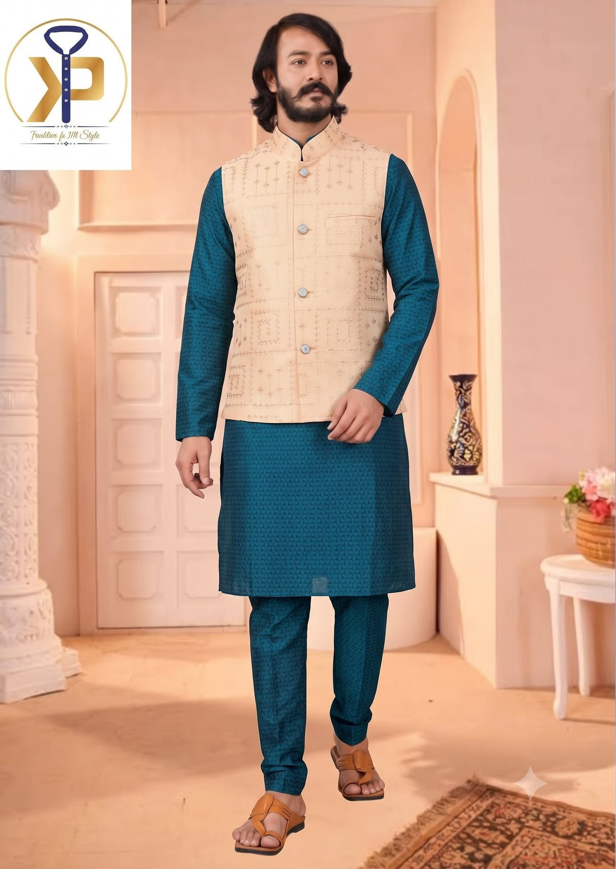 KPK7008 Cyan Blue kurta With Peach Jacket and  Pyjama Set