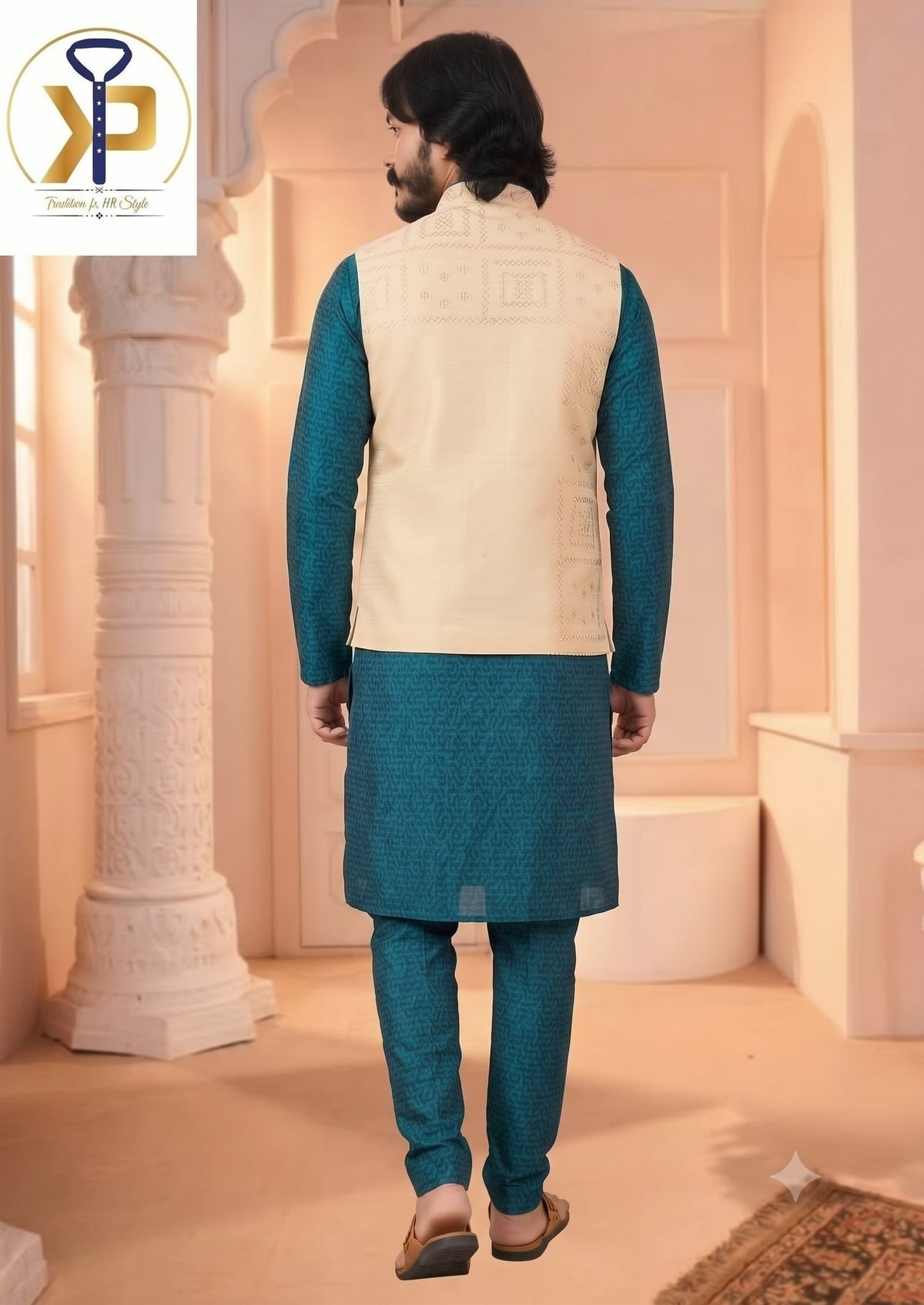 KPK7008 Cyan Blue kurta With Peach Jacket and  Pyjama Set