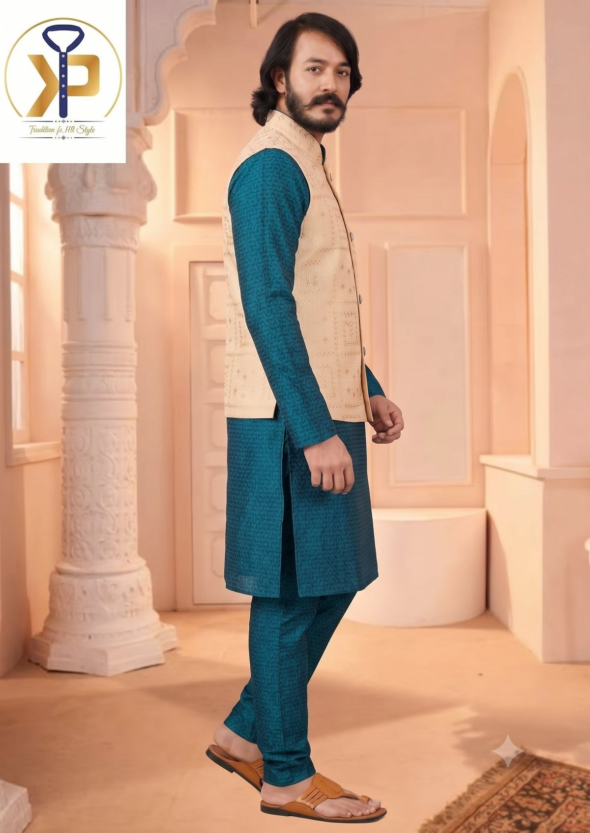 KPK7008 Cyan Blue kurta With Peach Jacket and  Pyjama Set