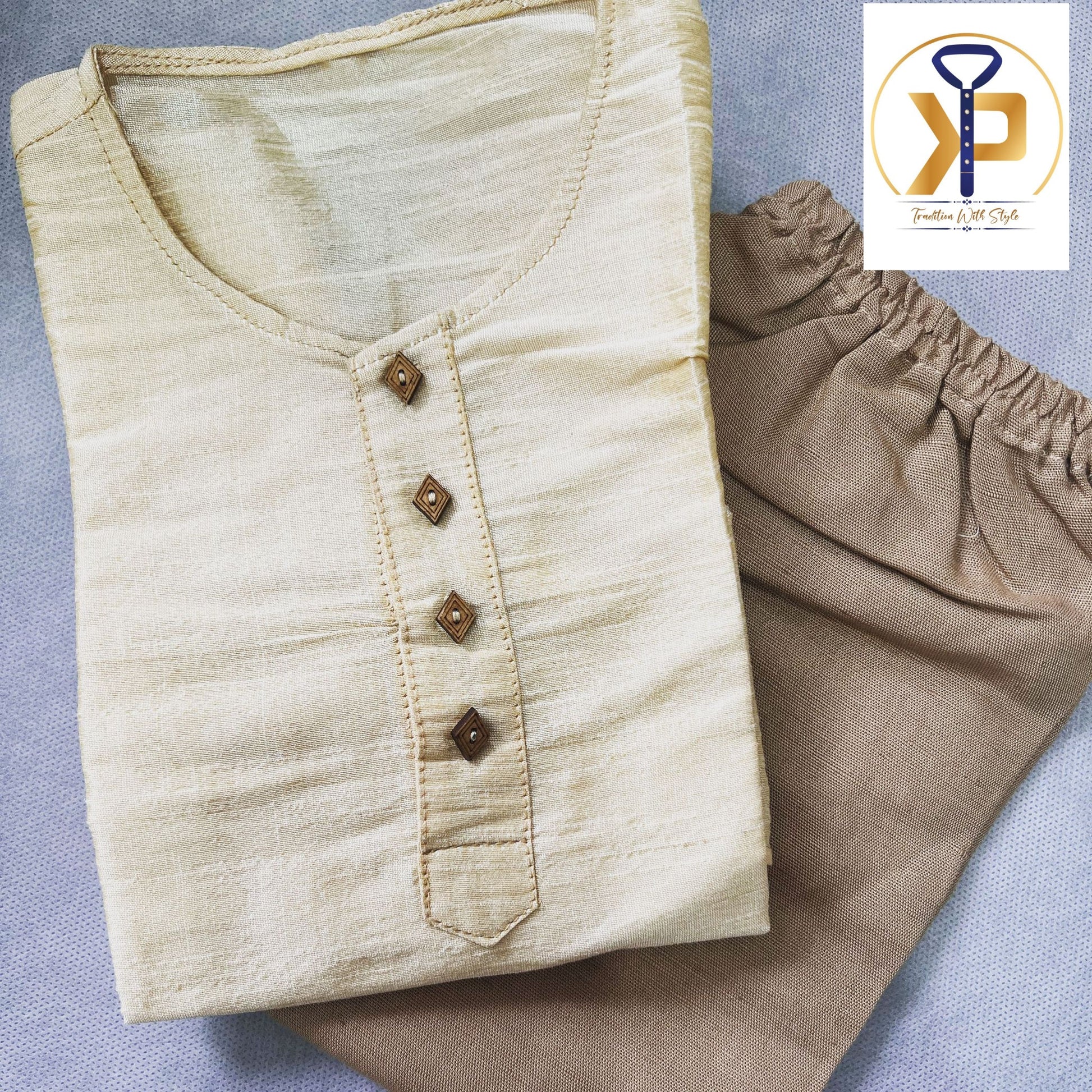 beige kurta and brown pyjama set for 1-2 year old 