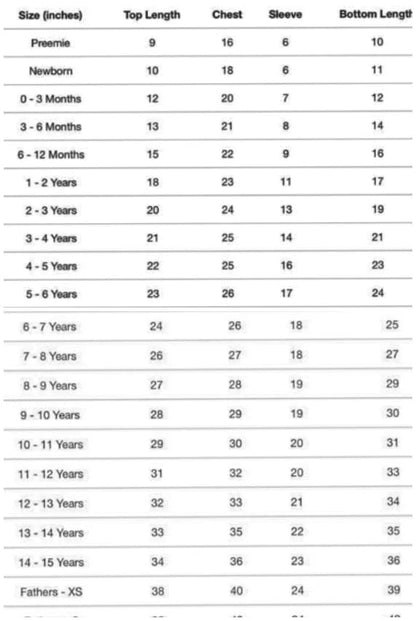 kids size chart