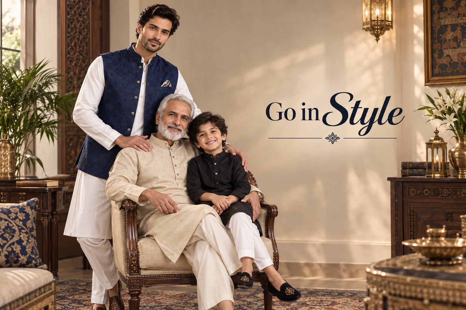 A family portrait in an ornate traditional Indian room, featuring a grandfather, grandmother, and a young boy. The grandfather wears a cream kurta and trousers, the grandmother wears a navy blue vest over a white kurta and trousers, and the young boy wears a black kurta and white trousers.