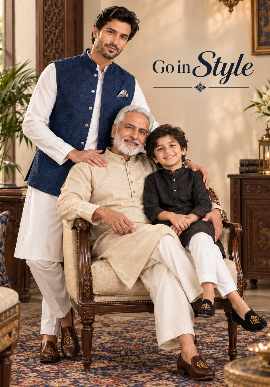 A family portrait in an ornate traditional Indian room. An older man sits in a carved wooden armchair wearing a beige kurta and white pants, while a young boy in a black kurta and white pants sits on his lap.