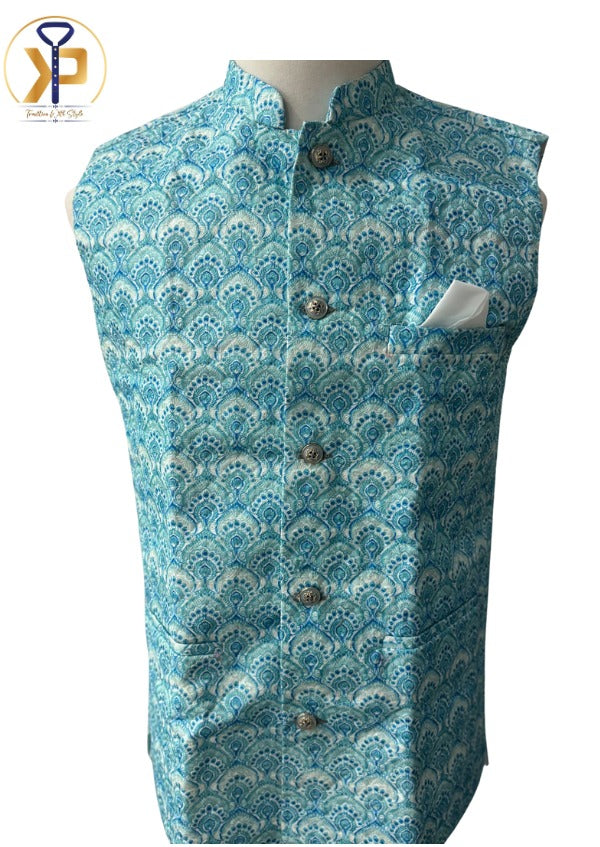 Men's light blue Nehru jacket with a modern cut, ideal for formal events and celebrations.