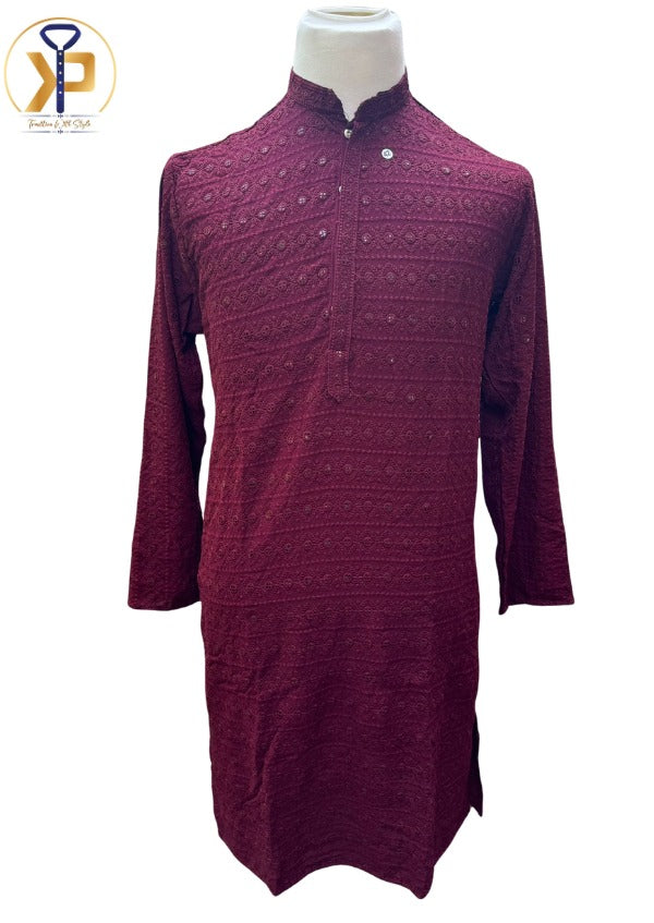 Maroon chikankari kurta pyjama for men available at best price