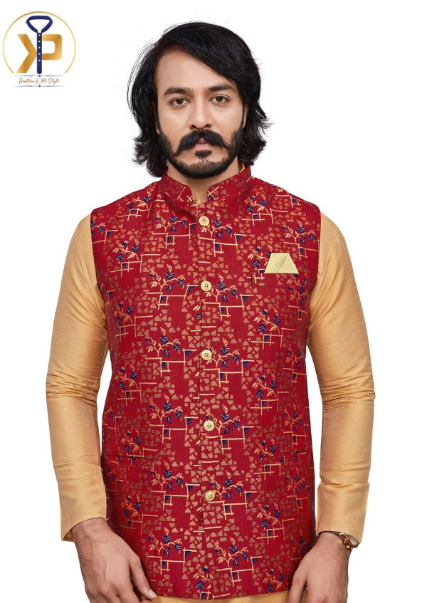 Men's maroon designer Nehru jacket with elegant detailing, ideal for formal and traditional events