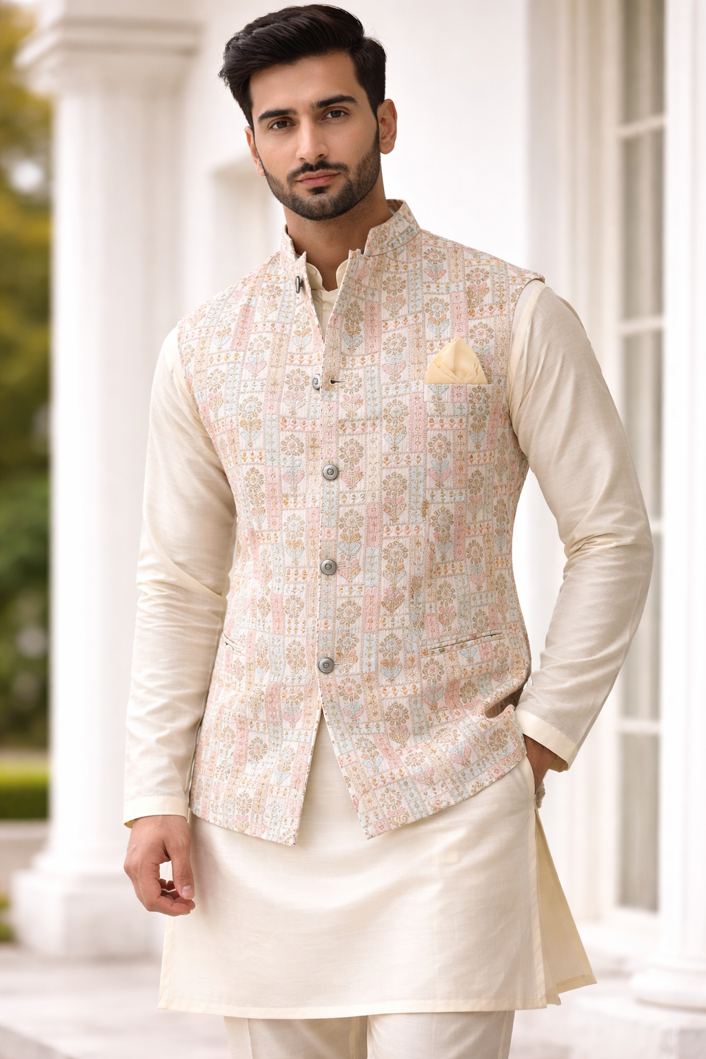 KPD6192 Ivory Kurta Pyjama and Multicolor Heavy Work Nehru Jacket Set
