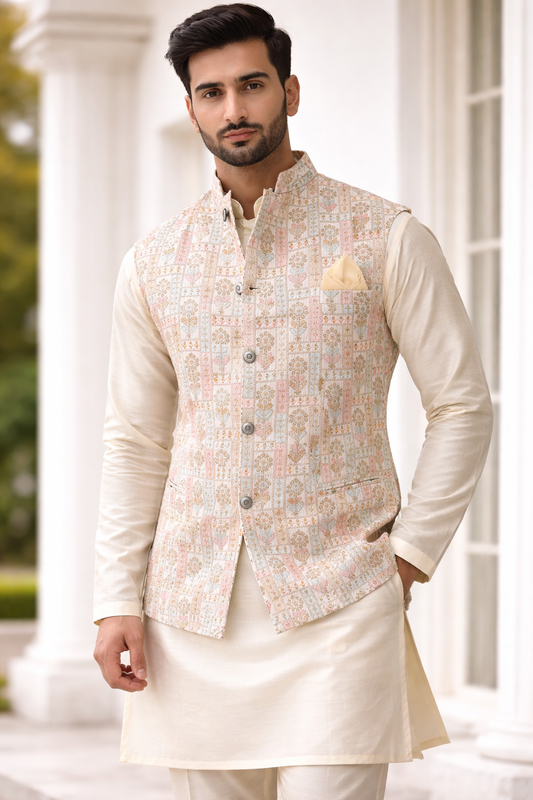 KPD6192 Ivory Kurta Pyjama and Multicolor Heavy Work Nehru Jacket Set