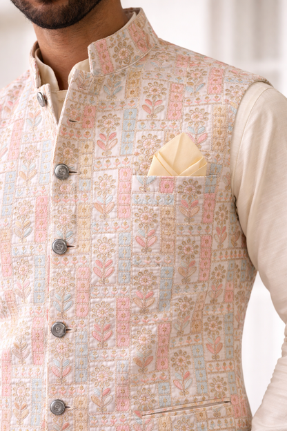 KPD6192 Ivory Kurta Pyjama and Multicolor Heavy Work Nehru Jacket Set