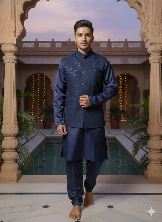 Man wearing a traditional blue outfit standing in an outdoor setting with architectural elements and plants.