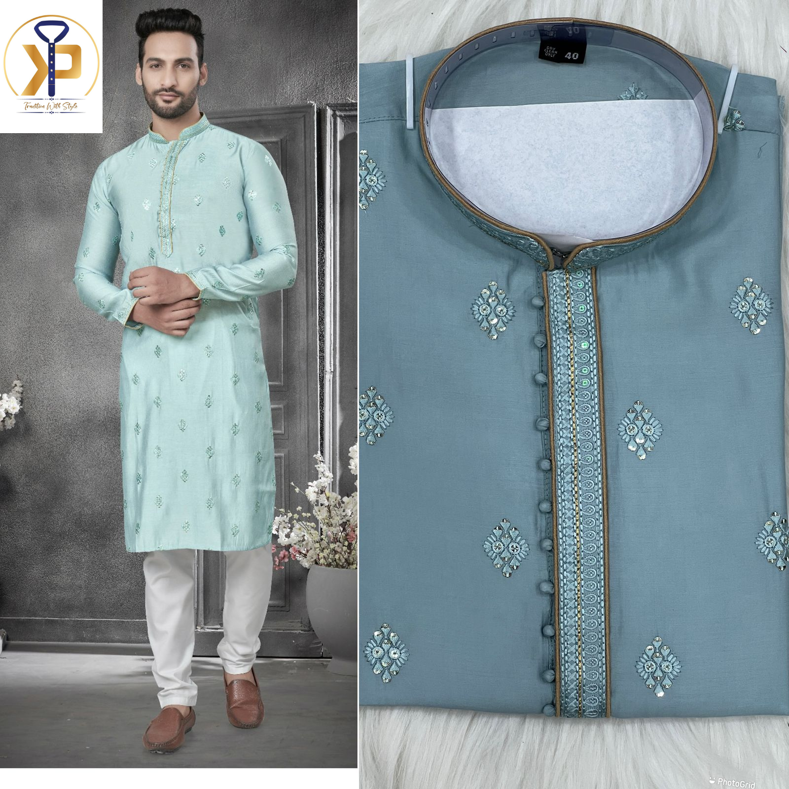 blue embroidered kurta pyjama for men in toronto