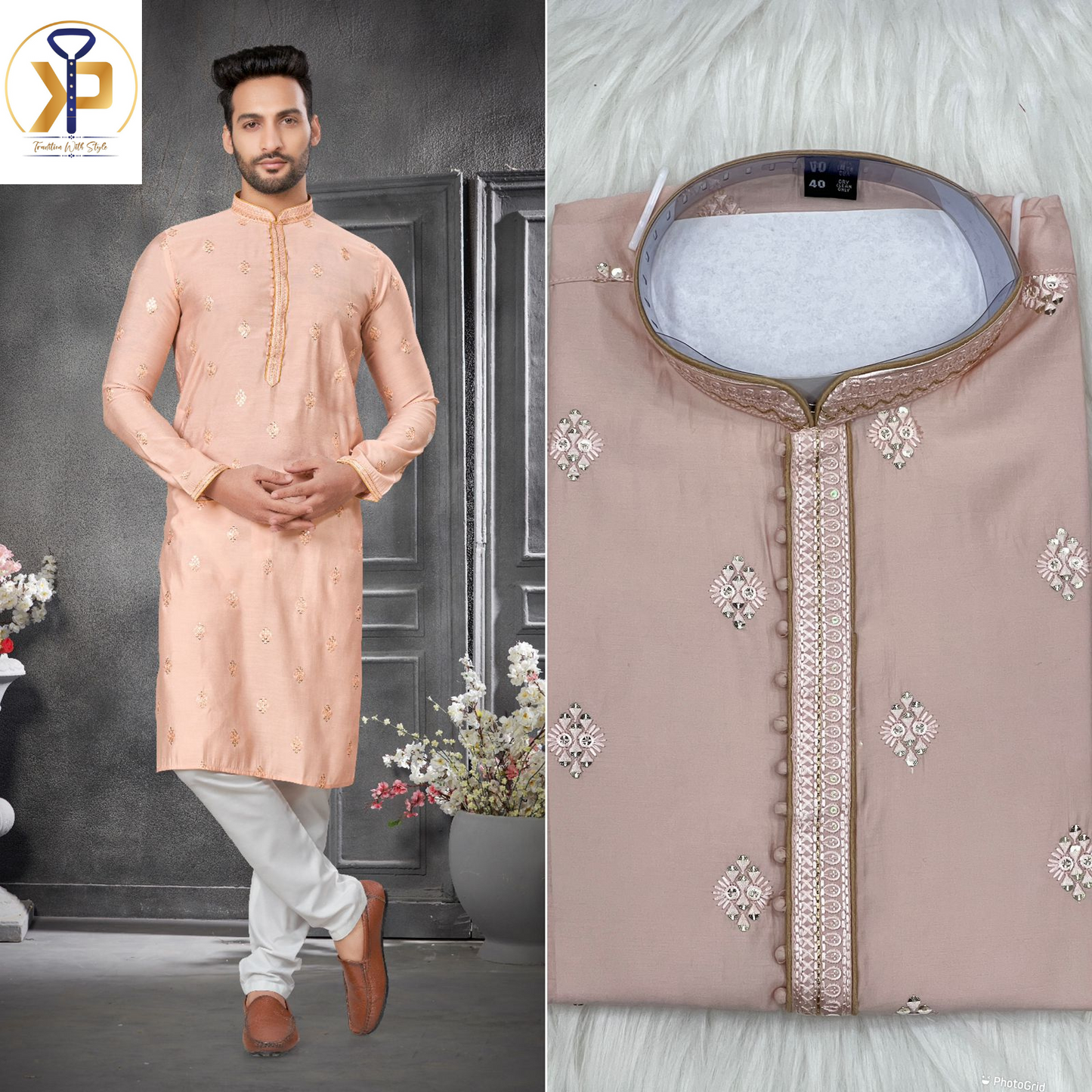 peach embroidered kurta pyjama for men