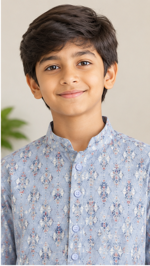 KPK5023 Powder Blue Printed Kurta with White Pyjama Set for Boys