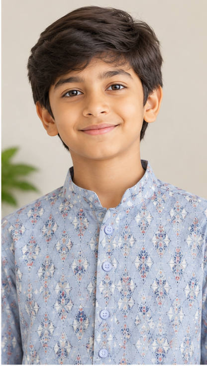 KPK5023 Powder Blue Printed Kurta with White Pyjama Set for Boys