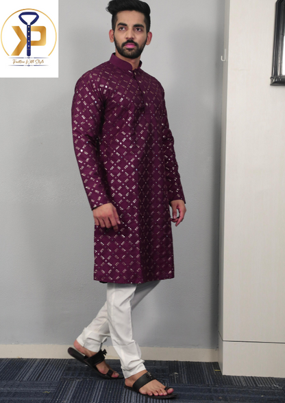 purple mirror and sequence work kurta pyjama set