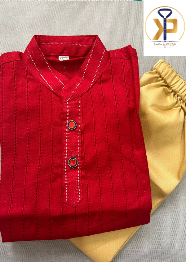 boys red designer kurta golden pyjama set
