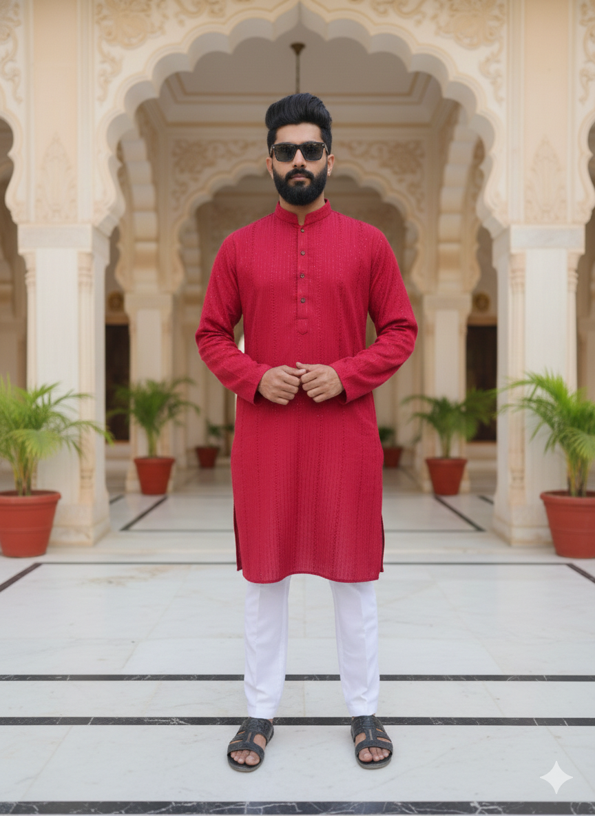 Man wearing a red kurta with white pants in an architectural setting