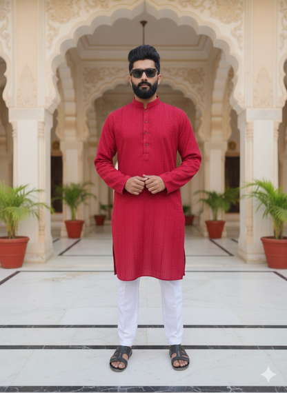 Man wearing a red kurta with white pants in an architectural setting