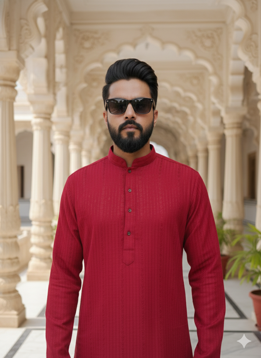 Man wearing a red kurta with sunglasses in front of an architectural background