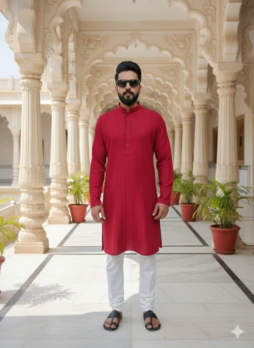 Man wearing a red kurta and white pants standing in an ornate architectural setting.