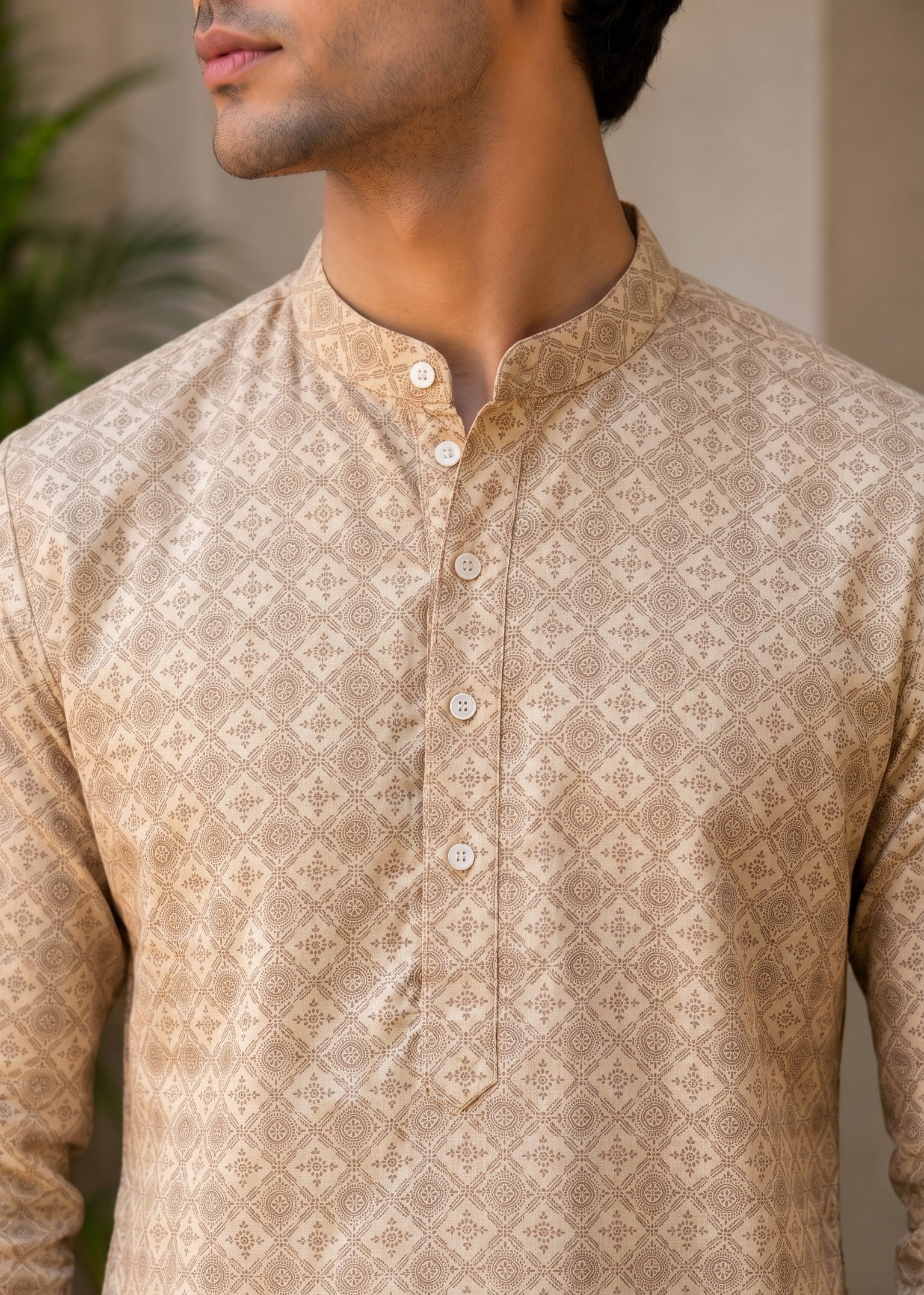 Beige Short Cotton Kurta for Men