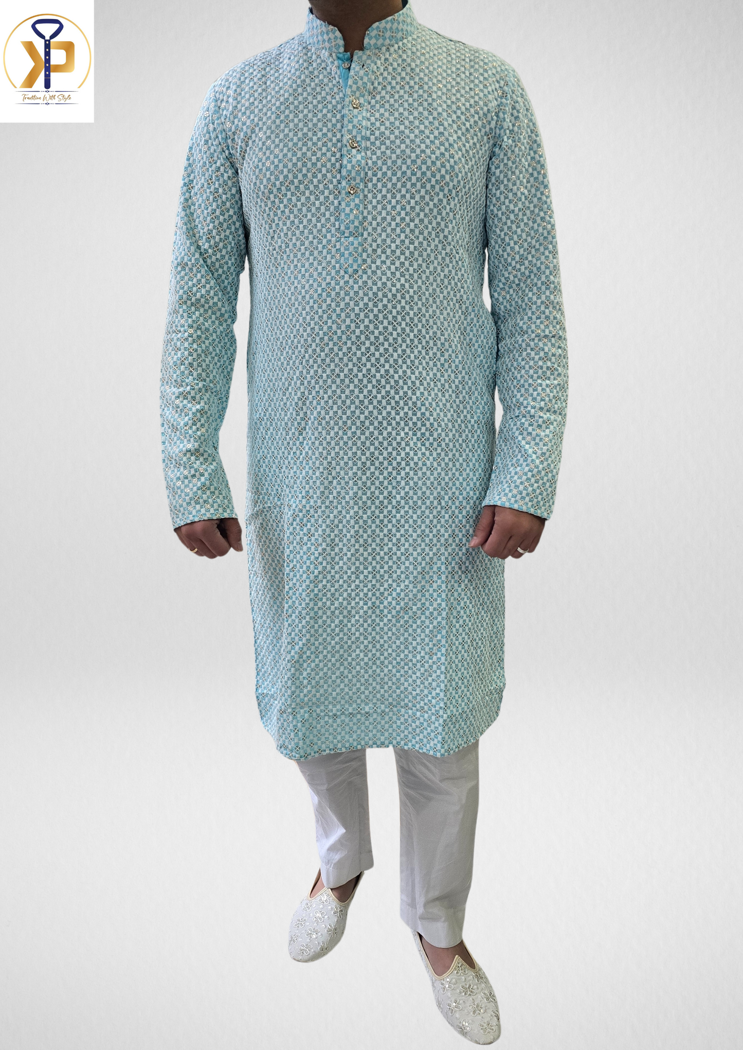 KPD5060 Chikankari Sequence Blue White Kurta Pyjama Set