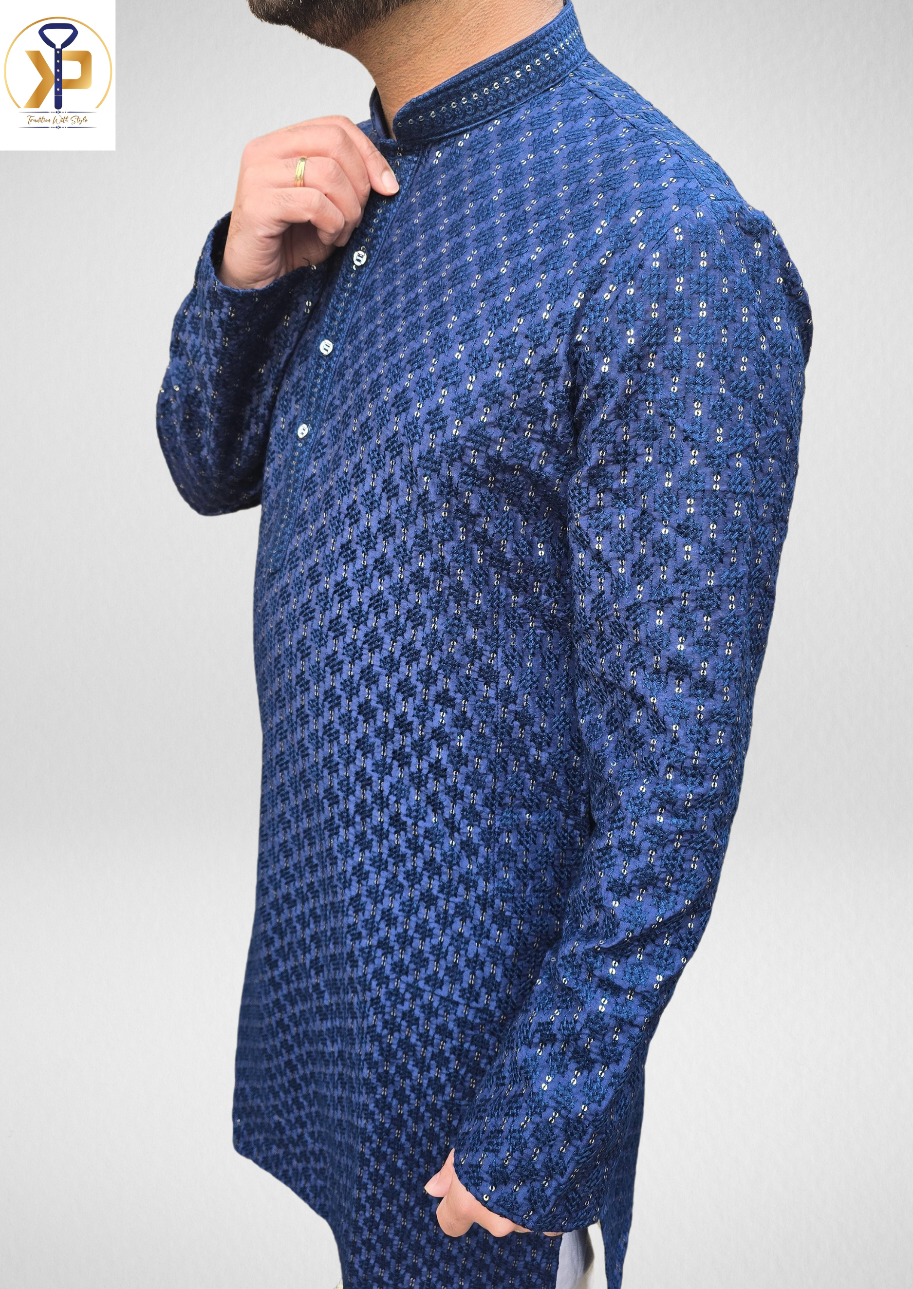 mirror work dark blue kurta pyjama