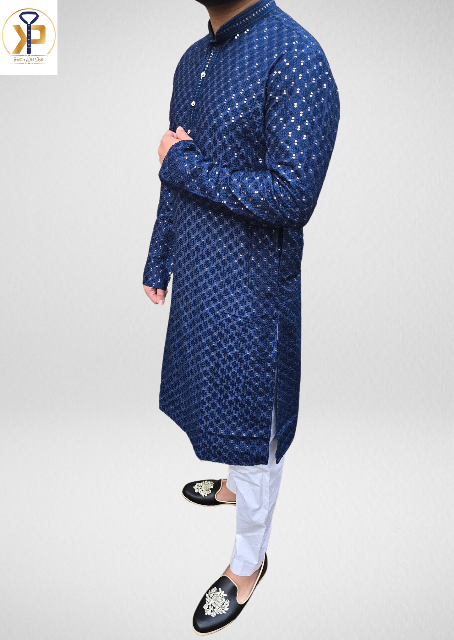 mirror work dark blue kurta pyjama